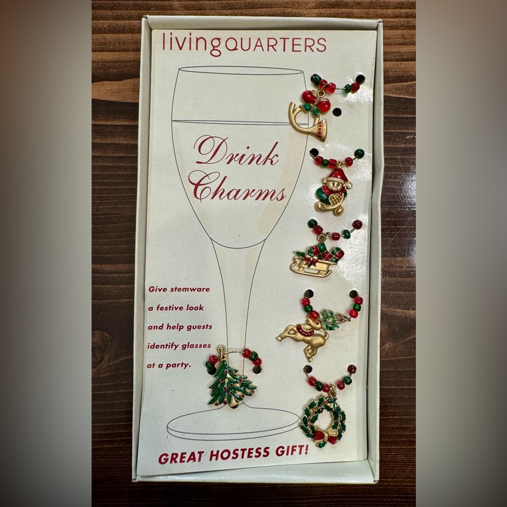 Festive Drink Charms Set Brass and‎ Enamel Set of 6 NEW
